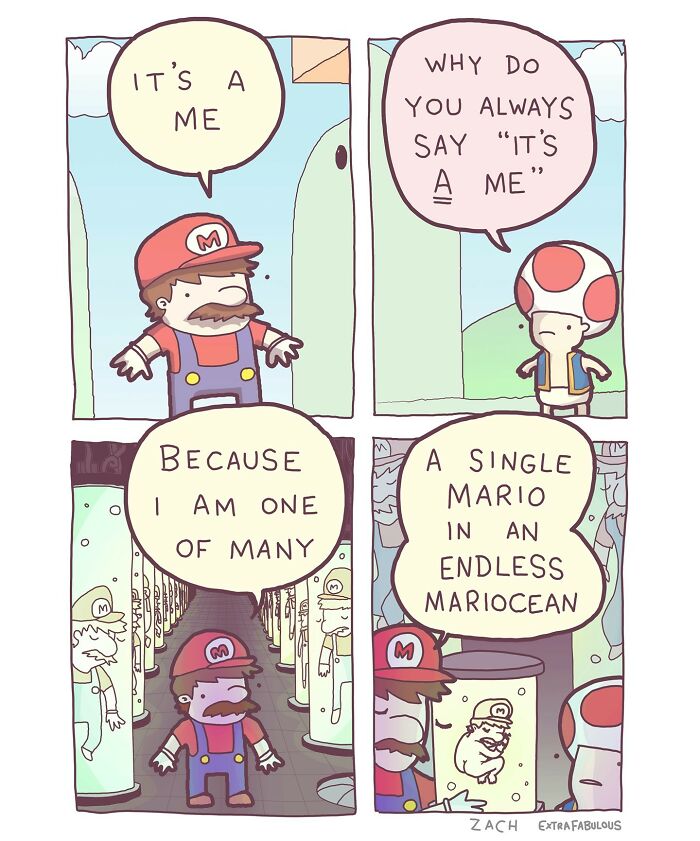 Comic strip featuring multiple Mario clones explaining the phrase it's a me, with a dark humor twist.