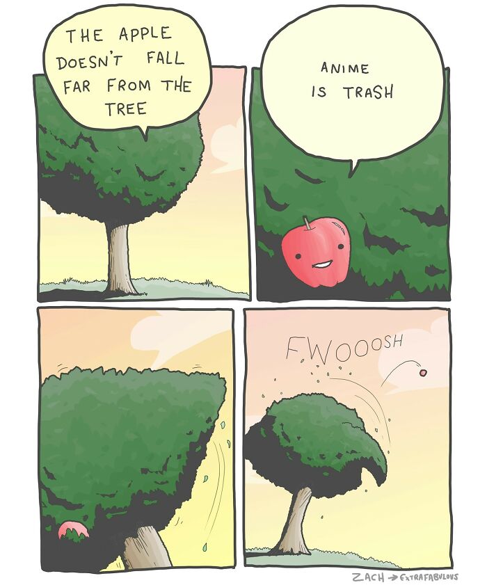 Comic panels showing a tree and apple with dark humor, featuring a joke about anime and parents.