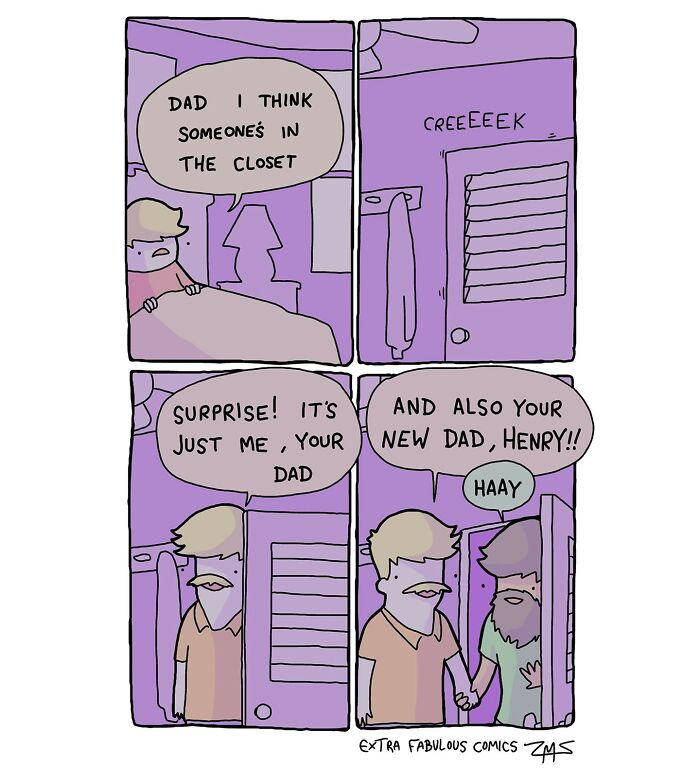 Comic panels showing a dark humor scene with a dad surprising his child in the closet alongside a new dad named Henry.
