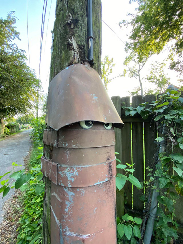 Old rusty utility pole cover with wiggle eyes added, enhancing the object in an eyebombing street art style.