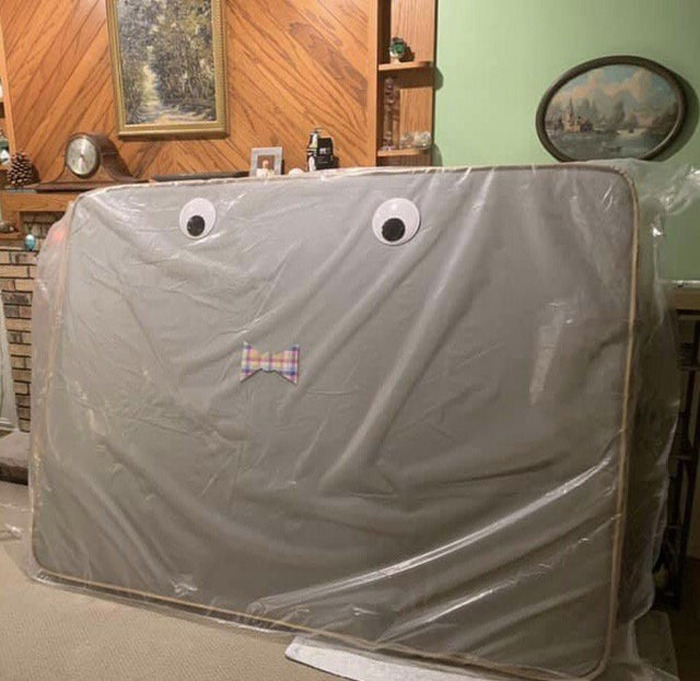Mattress wrapped in plastic with wiggle eyes and a bow tie, a creative example from the eyebombing community.
