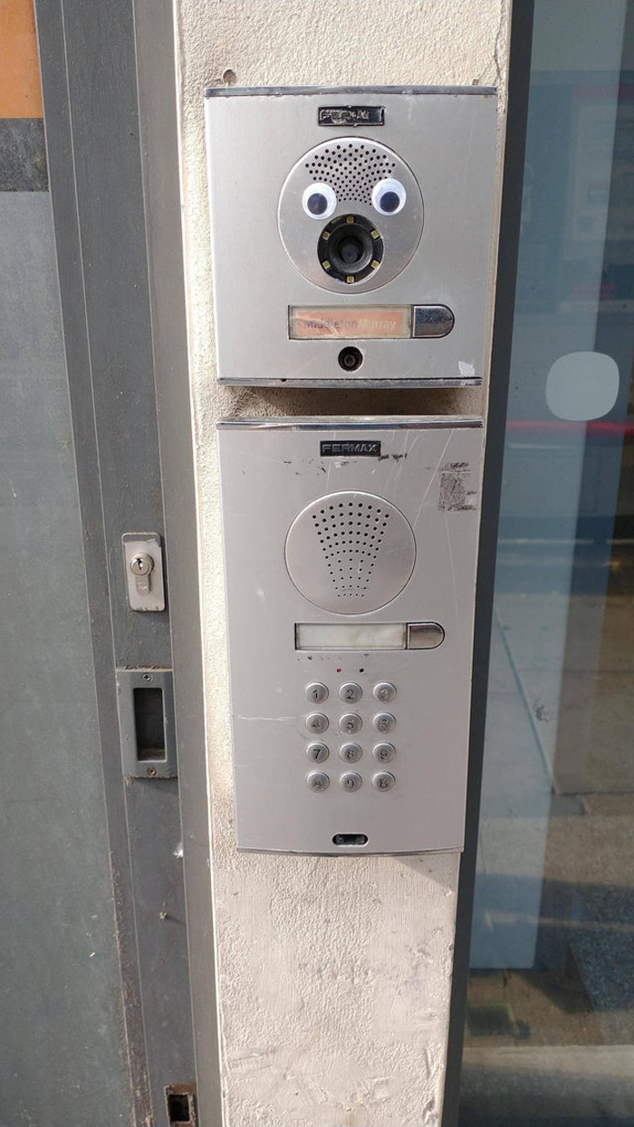 Intercom system with added wiggle eyes enhancing random objects with funny eyebombing creativity in urban setting