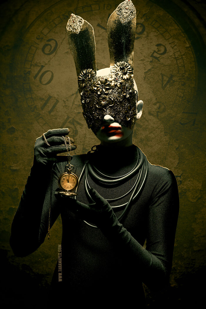 Dark Alice interpretation with a figure in an ornate rabbit mask holding a vintage pocket watch against an abstract clock backdrop.
