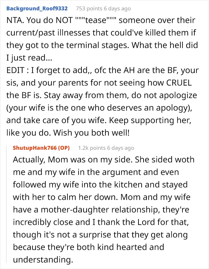 Man Stands Up For His Wife When Sister's New Boyfriend Makes A Rude 'Joke' About Her Mastectomy Man Stands Up For His Wife When Sister's New Boyfriend Makes A Rude 'Joke' About Her Mastectomy