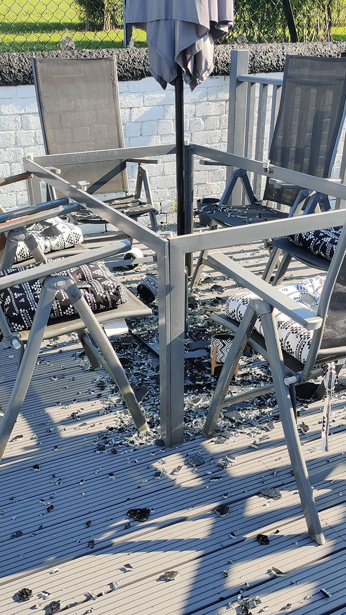 Current Heatwave Has Caused My Glass Table To Explode. All Over My Freshly Painted Decking