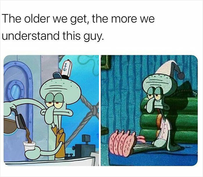 Squidward looking tired at work and in bed, capturing dark humor.