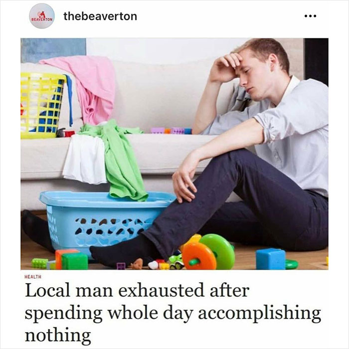 Man sitting exhausted by laundry basket, showcasing dark humor.