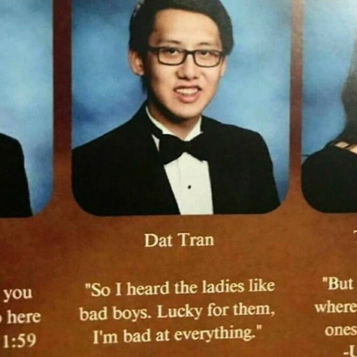 Student's yearbook photo with dark humor caption about being a "bad boy."