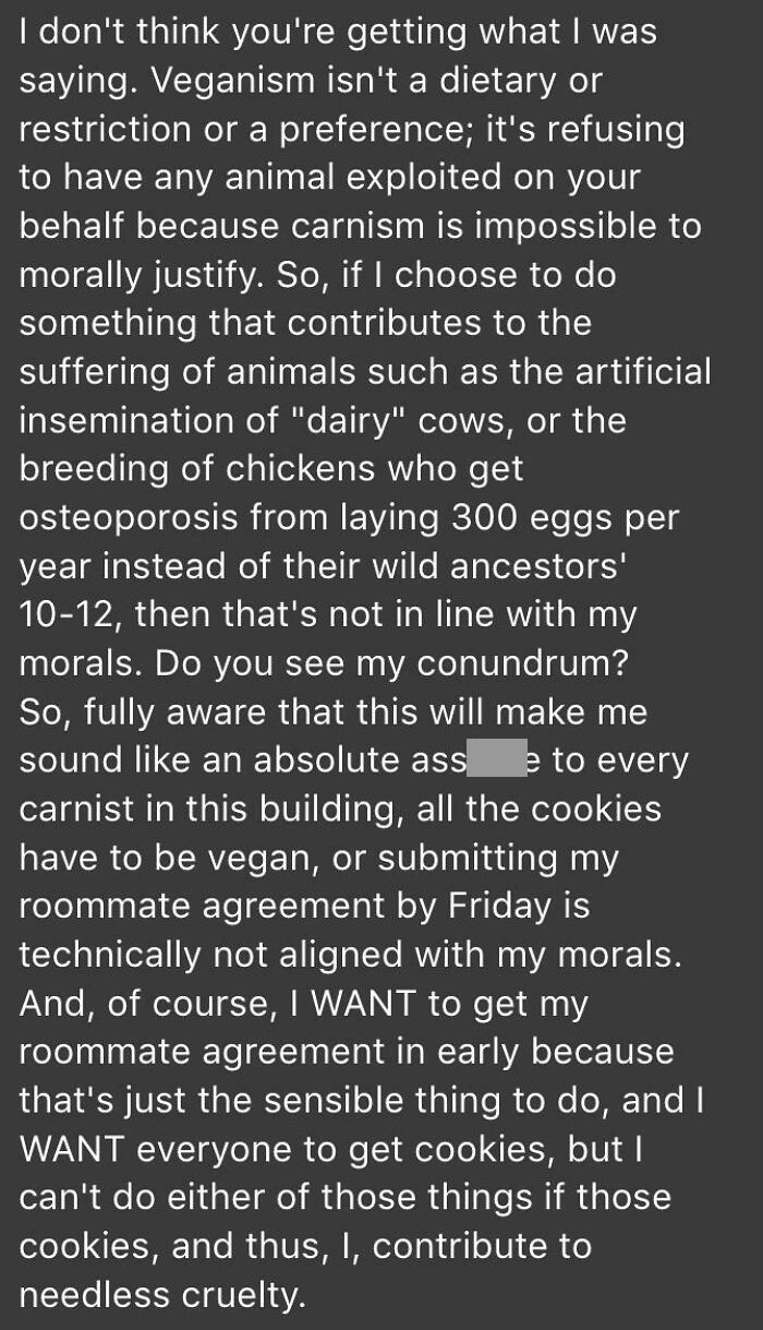 Ra Offers To Buy Us Cookies If We Complete The Roommate Agreement Eb Asks For Vegan Cookies Ra Offers Alternatives For Diet Restrictions This Is Ebs Response
