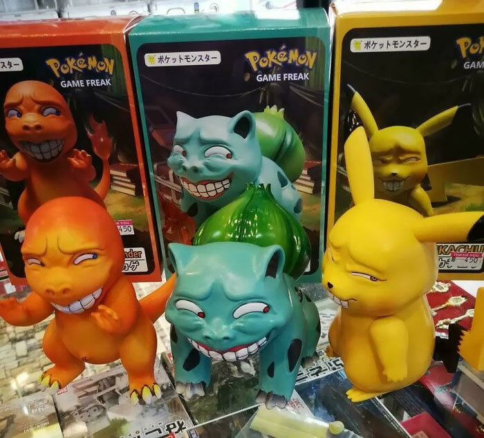 Creepy Pokémon toys with exaggerated grins and unsettling expressions, perfect examples of hilariously creepy toys causing nightmares.