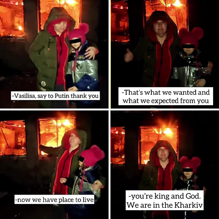 Ukrainian Woman And Her Daughter Standing In Front Of Their Burning House And Saying "Thank You" To Putin. Kharkiv, Ukraine