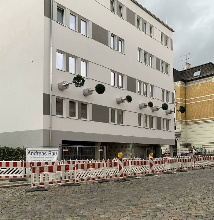 Trees That Are Planted Sideways On A House, To Save Space. They’re Rotating Thus They Will Grow Straight Instead Of Only Upwards. New Concept In A Small City In Germany