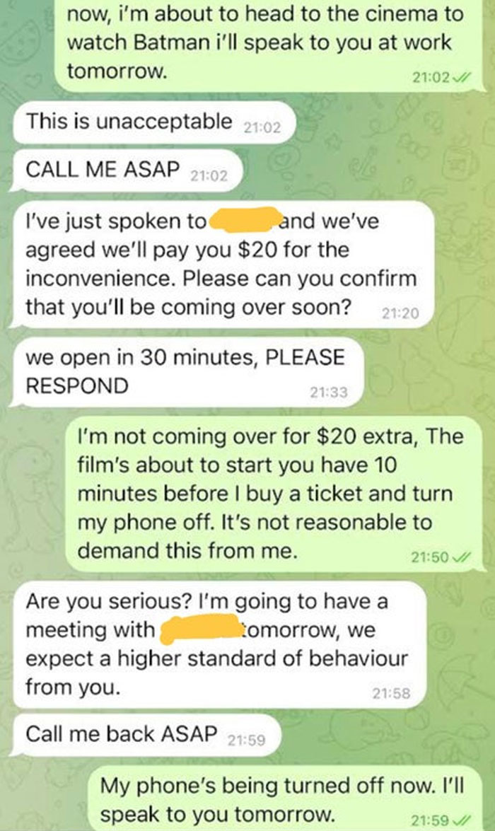 Employee Shares Screenshots Of His Manager Completely Losing It After He Refused To Come In On His Day Off Employee Shares Screenshots Of His Manager Completely Losing It After He Refused To Come In On His Day Off