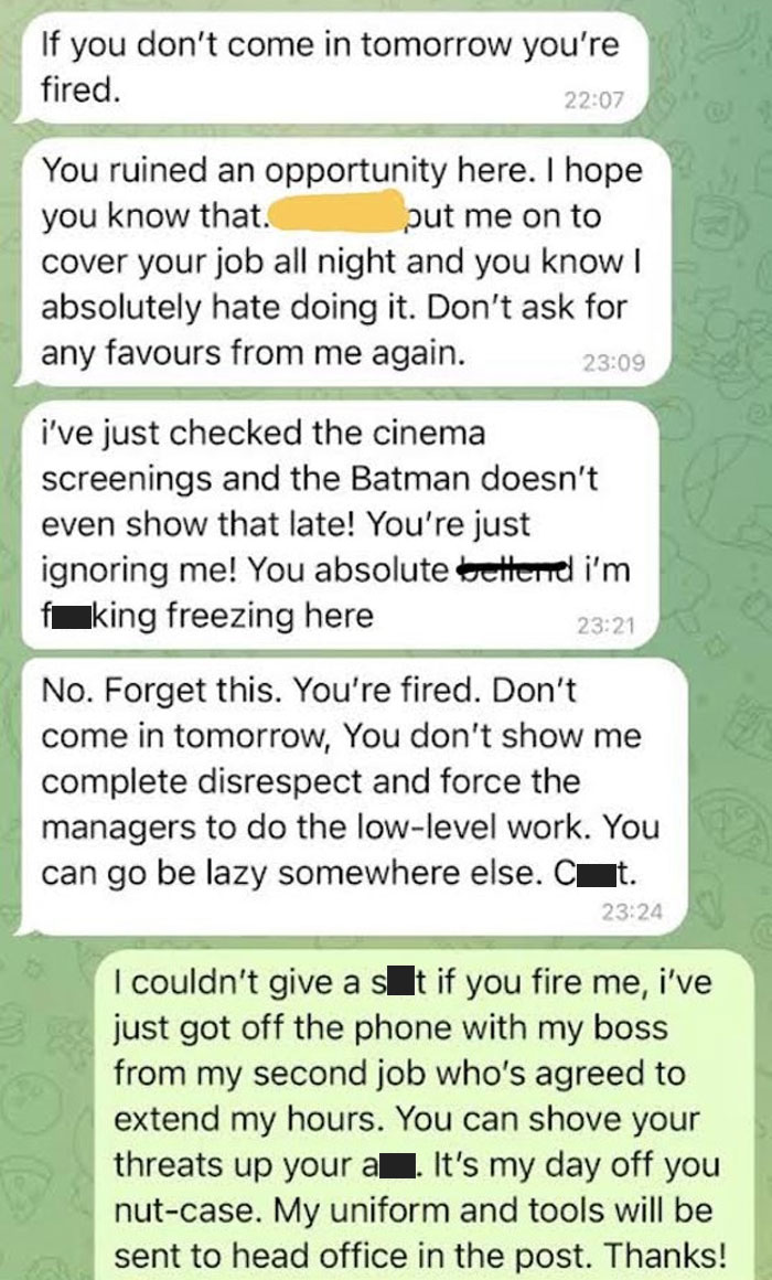 Employee Shares Screenshots Of His Manager Completely Losing It After He Refused To Come In On His Day Off Employee Shares Screenshots Of His Manager Completely Losing It After He Refused To Come In On His Day Off