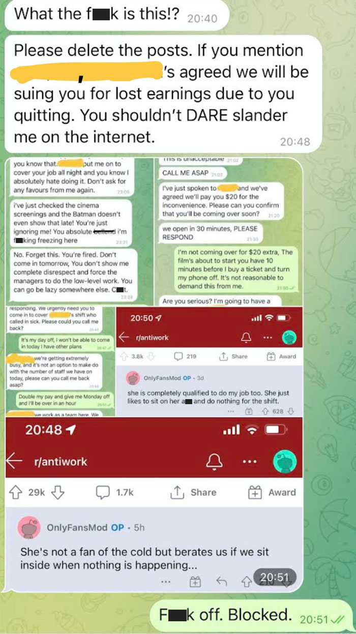Employee Shares Screenshots Of His Manager Completely Losing It After He Refused To Come In On His Day Off Employee Shares Screenshots Of His Manager Completely Losing It After He Refused To Come In On His Day Off