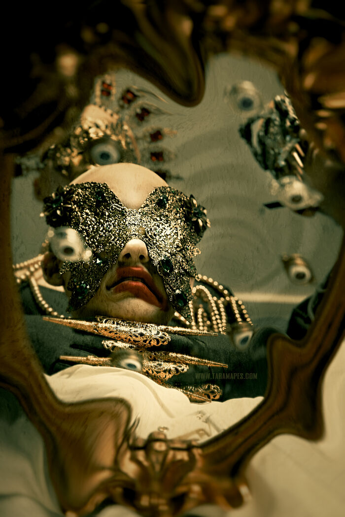 Dark Alice interpretation with ornate mask, pearls, and surreal elements.
