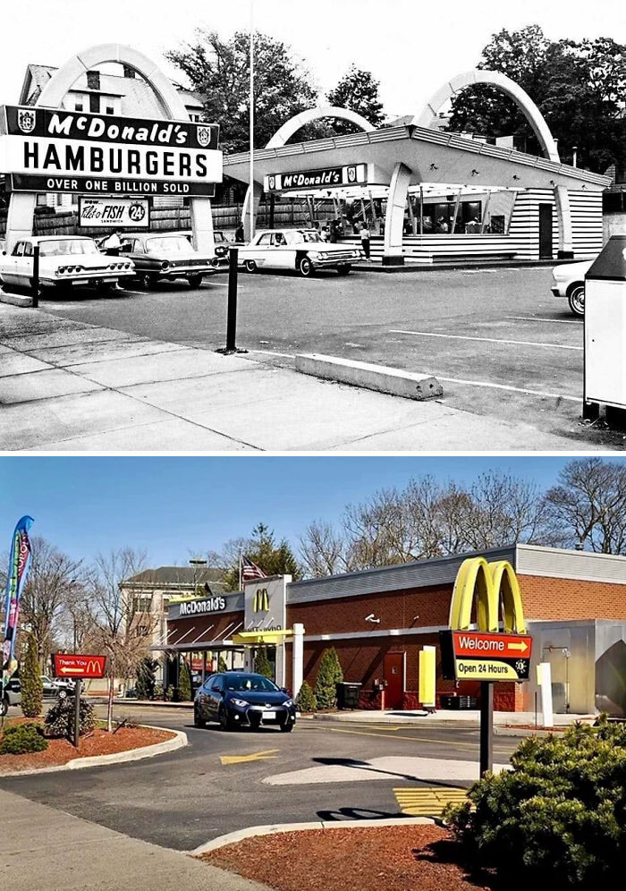 Comparative old and new photos showing the evolution of a McDonald's restaurant over time.
