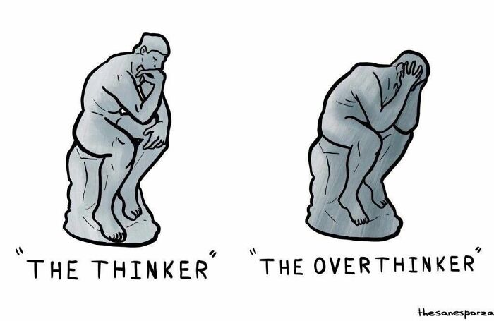 Two statues: one labeled "The Thinker," the other "The Overthinker," humorously depicting overthinking.