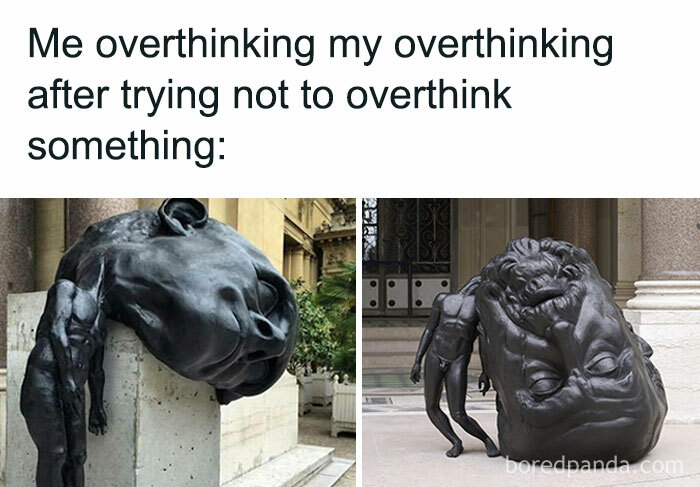 Sculptures humorously depict overthinking with distorted heads, reflecting the complexity of thoughts.