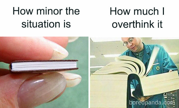 A tiny book represents a minor situation, while a huge book humorously depicts overthinking.
