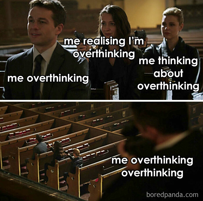 People seated in a church with text highlighting stages of overthinking; main focus on overthinking humor.