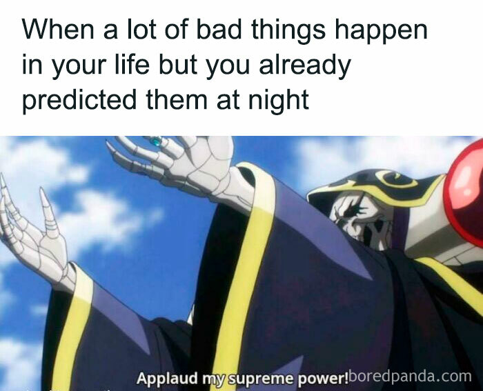 Anime character with outstretched arms, captioned about overthinking and predicting life events.