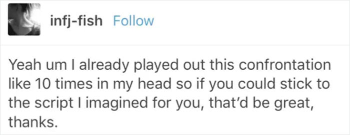 Text post humorously depicts overthinking a confrontation script.