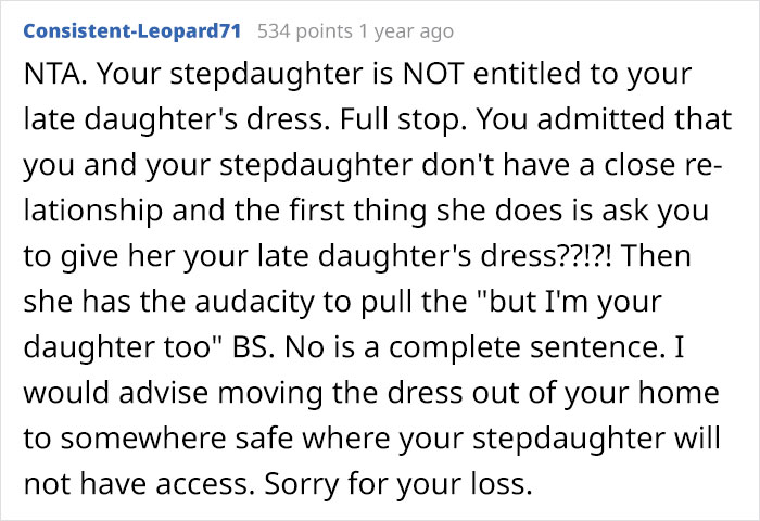 Mom Asks If She Was Wrong To Refuse To Let Her Stepdaughter Use Her Deceased Daughter&rsquo;s Wedding Dress