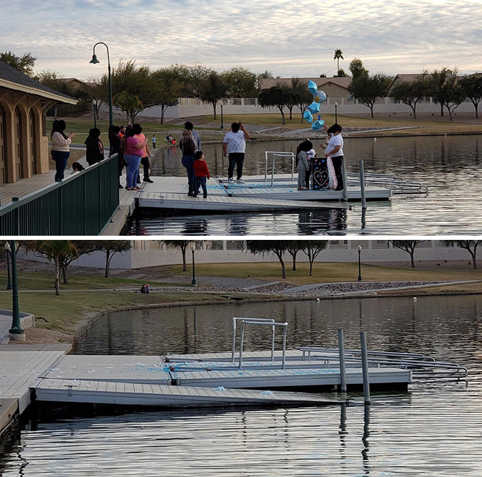 These People Doing A Gender Reveal On A Lake With Confetti. They Didn't Clean Up And They Threw The Confetti Canisters In The Lake