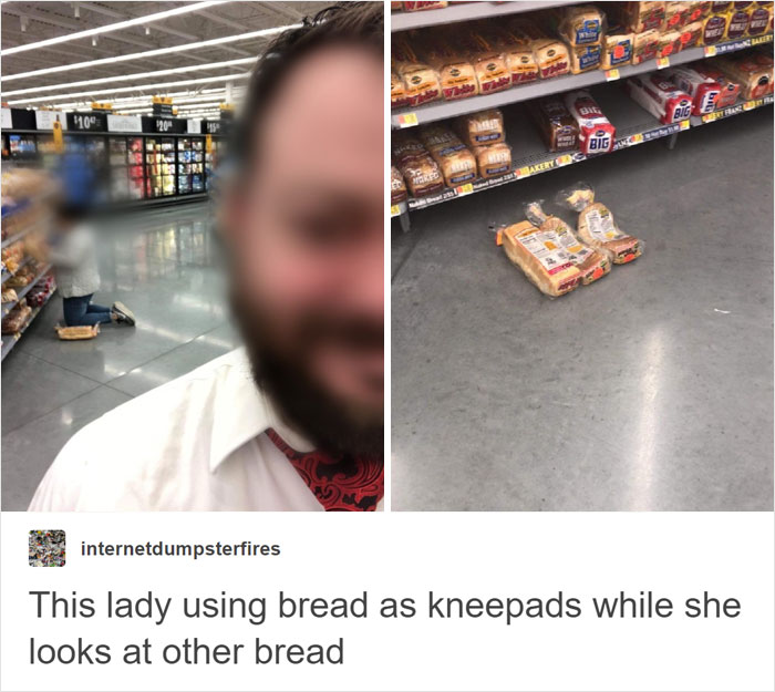 Man kneeling on three bread packs in the store 