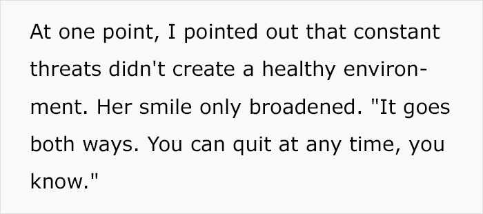 Woman Quits Her Job After Being Constantly Reminded She Can Be Fired Any Moment, Leaves Boss In "Fumes" Woman Quits Her Job After Being Constantly Reminded She Can Be Fired Any Moment, Leaves Boss In "Fumes"