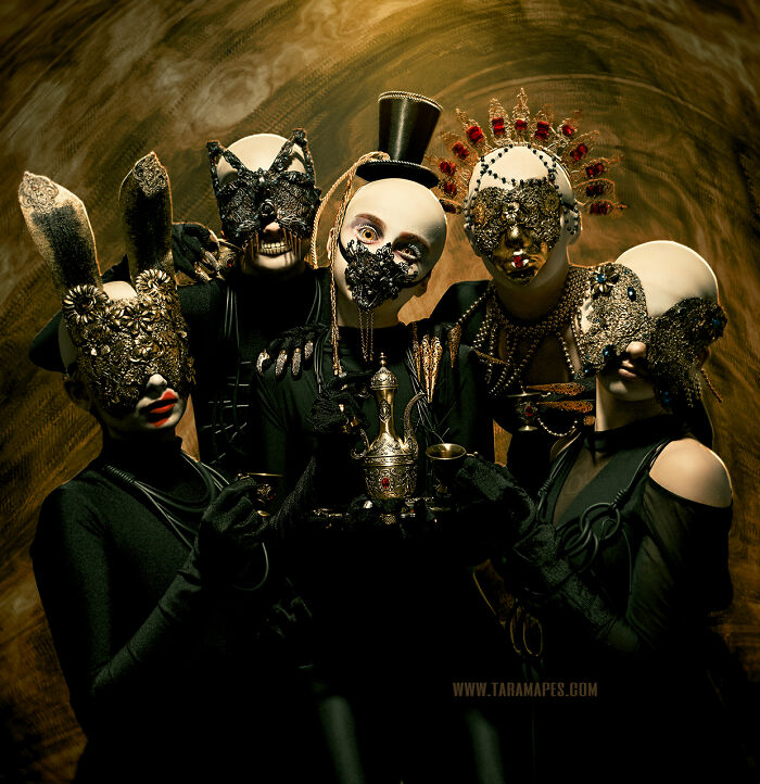 Dark Alice characters in ornate masks, holding a teapot and cups, set against a swirling background.