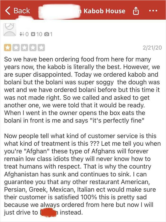 “I’ve Been Coming Here For Years And It’s Literally The Best, But During The Pandemic They’ve Sucked! Also I’m Racist”