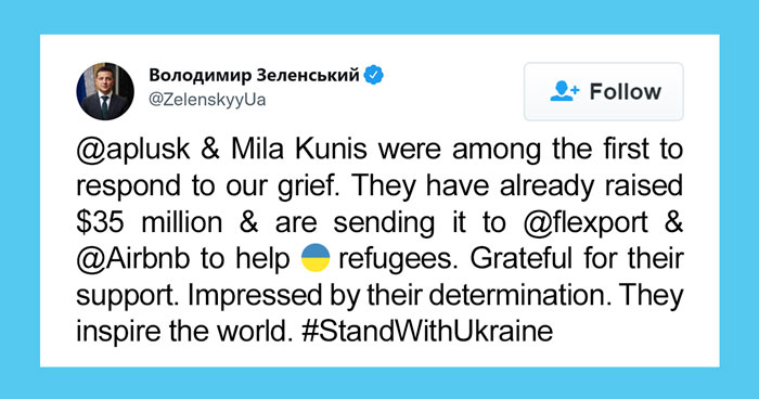 President Zelenskyy Appreciates Mila Kunis And Ashton Kutcher For Raising Almost $35M In Support Of Ukraine And Its People