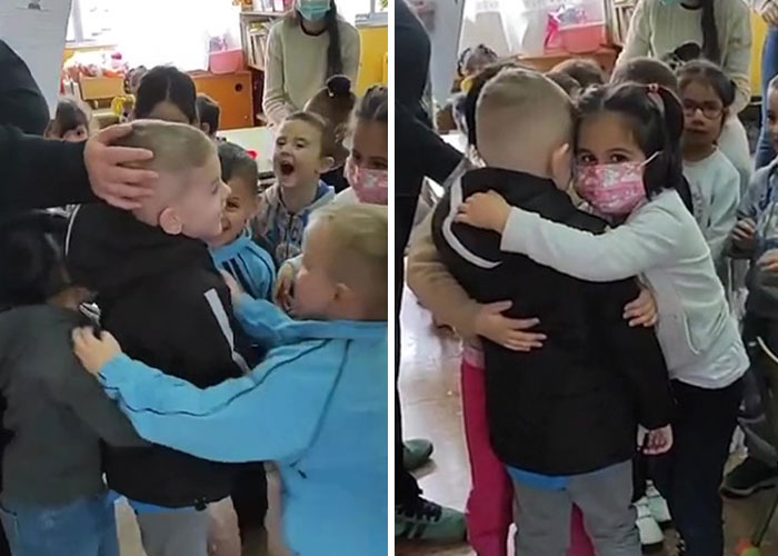 In A Heartwarming Moment, Ukrainian Boy Is Hugged By New Spanish Classmates On His First Day Of School