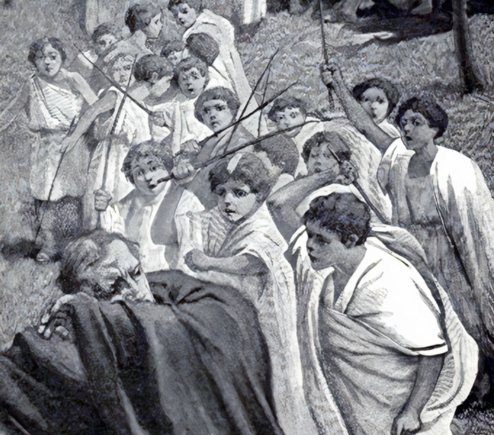 Group of children showing unexpected acts of kindness in a historic scene illustrated in black and white.