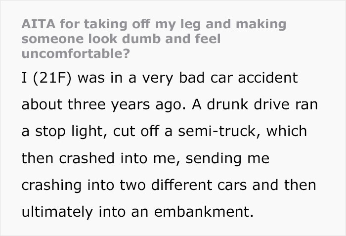 “I Took My Leg Off”: Woman Asks If She Was Wrong To Dramatically Respond To This Man Who Yelled At Her For Parking In A Handicapped Spot “I Took My Leg Off”: Woman Asks If She Was Wrong To Dramatically Respond To This Man Who Yelled At Her For Parking In A Handicapped Spot