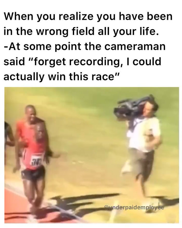 Cameraman running in a race alongside athletes, highlighting underpaid employee frustrations.