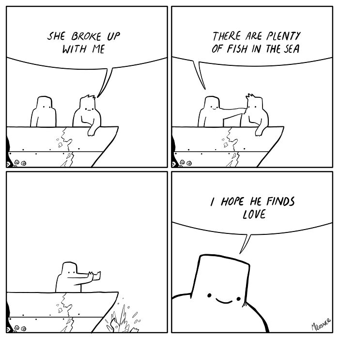 Black and white funny comic with unexpected endings showing characters on a boat dealing with a breakup and hope for love.
