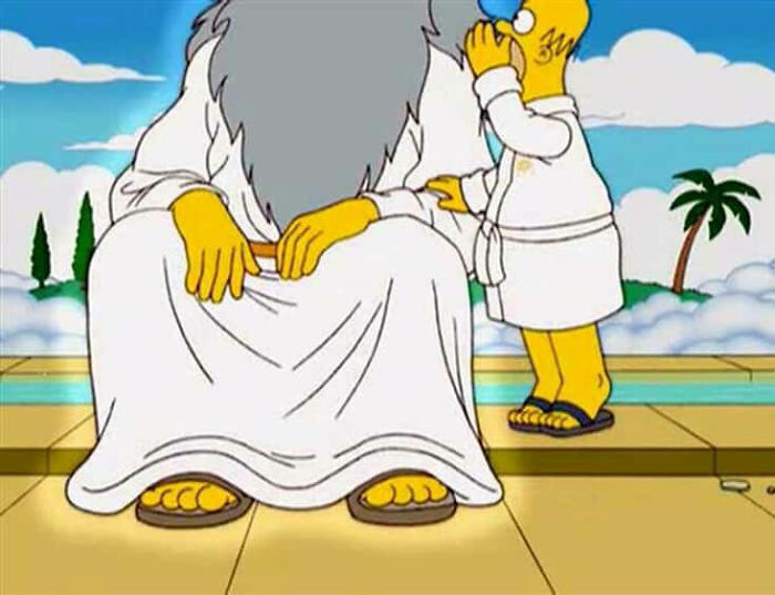Homer Simpson whispering to a robed figure in sandals by a pool, showing small details fans noticed in The Simpsons.