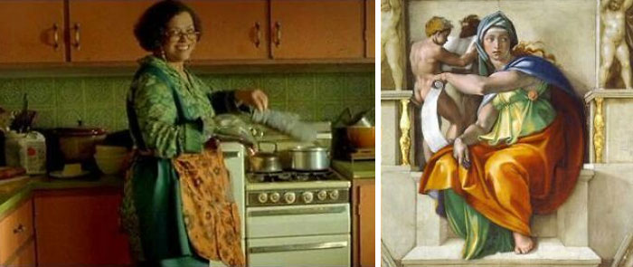 [the Matrix, 1999] The Oracle's Outfit And Kitchen Are A Reference To Michaelangelo's Delphic Sibyl, Depicting A Greek Oracular Figure