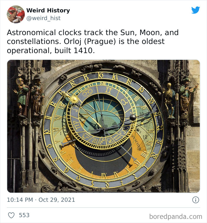 Oldest operational astronomical clock in Prague from 1410, tracking the Sun, Moon, and constellations, from weird history posts.