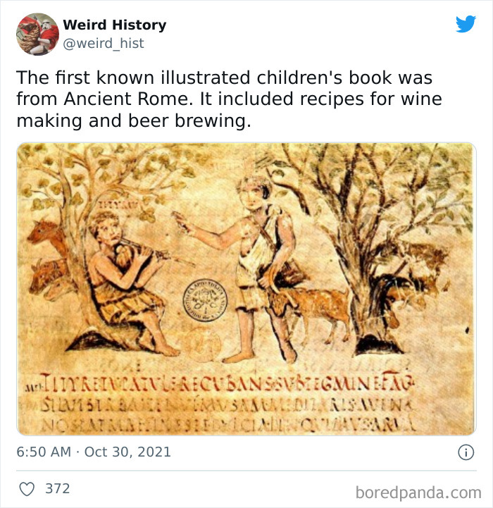 Ancient Roman illustrated children's book showing recipes for wine making and beer brewing with historical drawings.