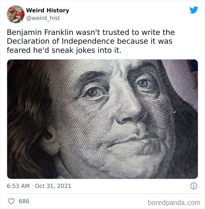 Close-up of Benjamin Franklin’s portrait on currency with a tweet sharing a weird history fact about the Declaration of Independence.