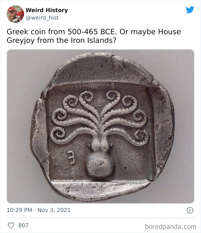 Ancient Greek coin featuring an octopus design, shared in a Weird History account post about odd historical artifacts.