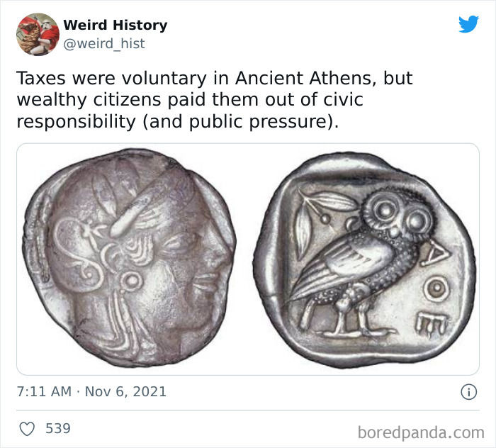 Ancient Athenian silver coins featuring a profile and an owl, illustrating weird history facts about voluntary taxes.