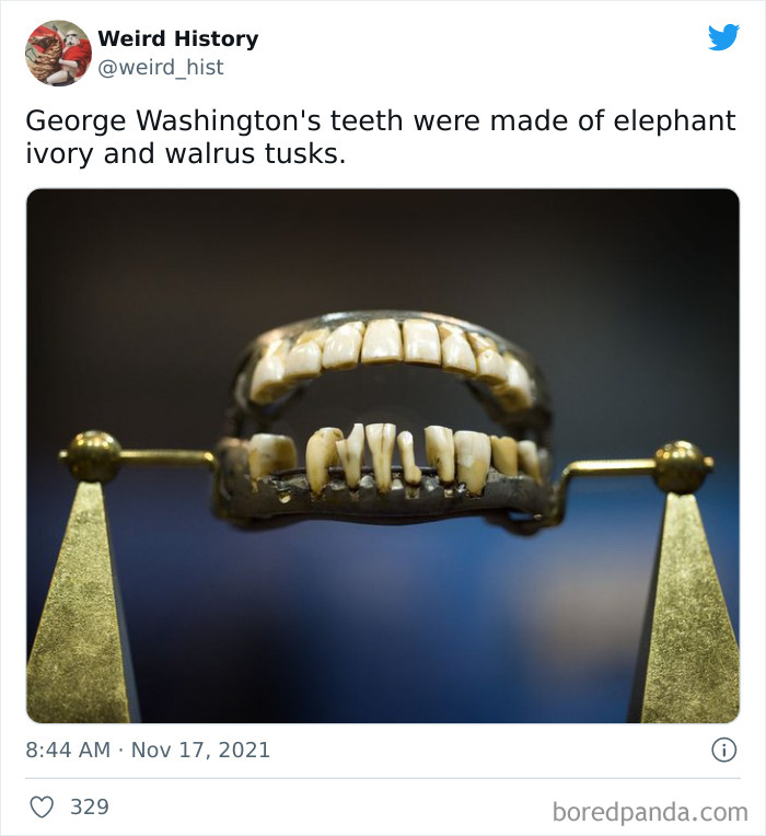 George Washington's dentures made from elephant ivory and walrus tusks shown in a historical Weird History post.