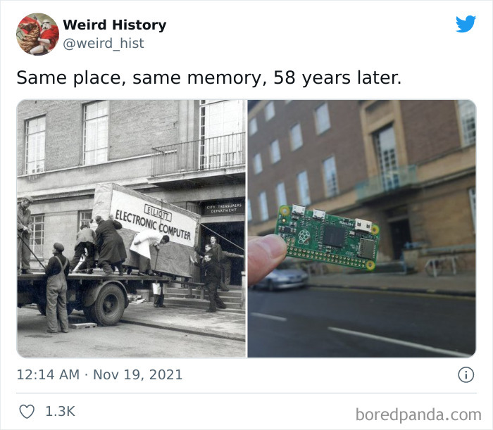 Split image showing a large 1950s electronic computer moving and a modern tiny computer in the same location decades later.