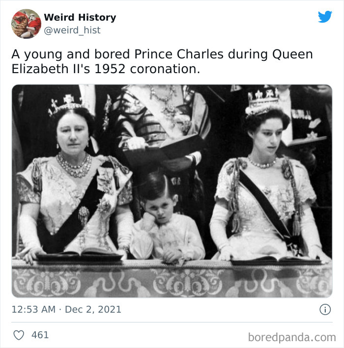 Black and white photo of a young Prince Charles appearing bored during Queen Elizabeth II’s 1952 coronation, weird history post.