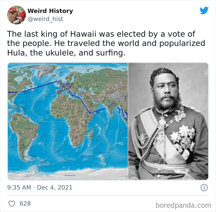 Historical tweet highlighting the last king of Hawaii’s global travels, popularizing hula, ukulele, and surfing from weird history posts.
